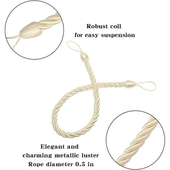 Curtain Rope Tiebacks, Drapery Rope Holdbacks with 4 Metal Screw Hooks (Beige) - Picture 3 of 7